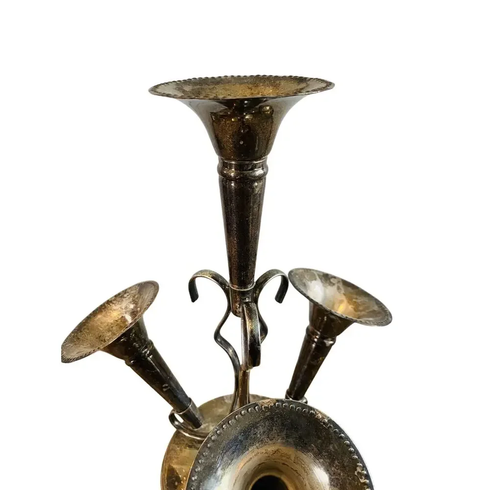 Antique Victorian Silverplate Epergne Centerpiece 4 Trumpet Vase Holder 12